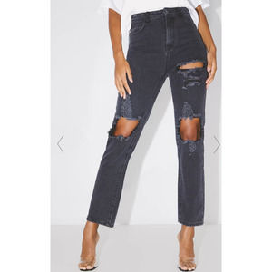 Pretty Little Thing Black High Rise Distressed Straight Denim